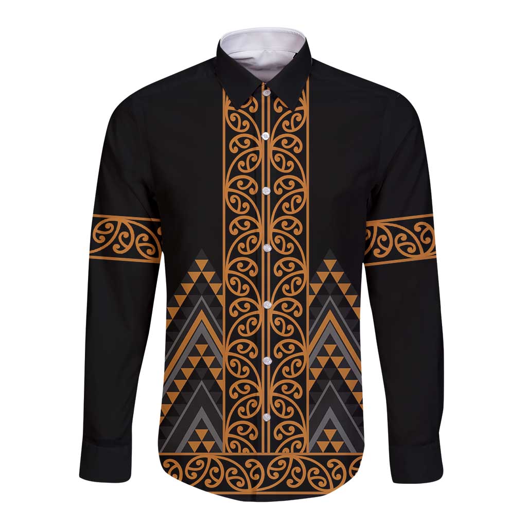 Gold Aotearoa Mangopare Kowhaiwhai and Niho Taniwha Long Sleeve Button Shirt Maori New Zealand LT14 Unisex Gold - Polynesian Pride