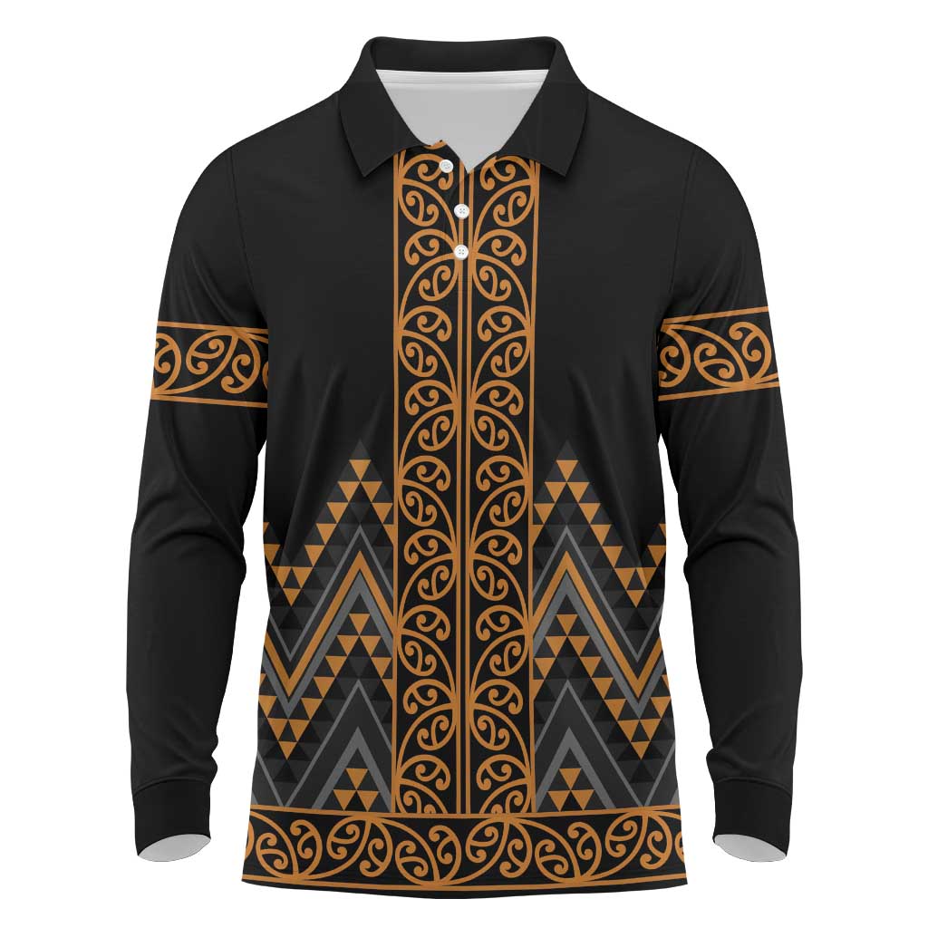 Gold Aotearoa Mangopare Kowhaiwhai and Niho Taniwha Long Sleeve Polo Shirt Maori New Zealand LT14 Gold - Polynesian Pride