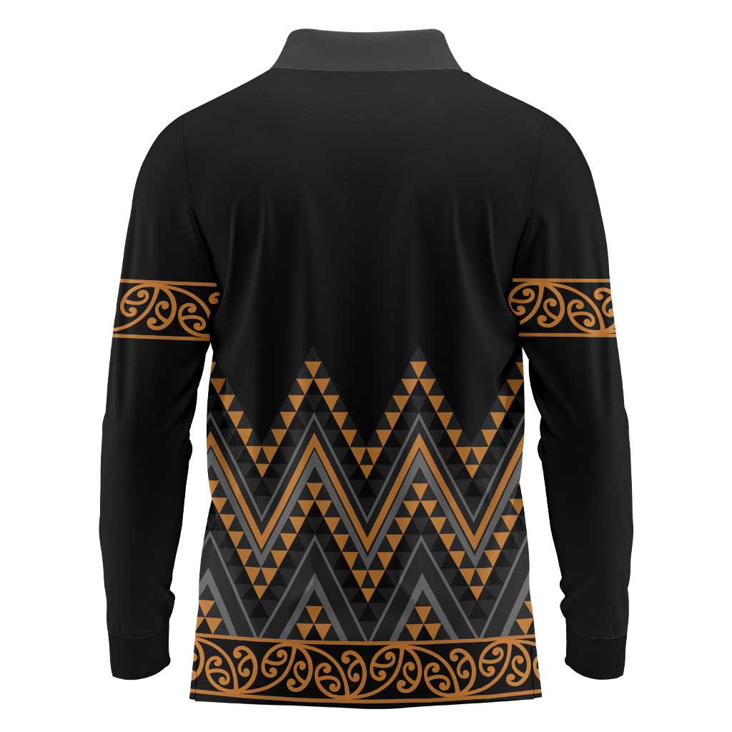 Gold Aotearoa Mangopare Kowhaiwhai and Niho Taniwha Long Sleeve Polo Shirt Maori New Zealand LT14 - Polynesian Pride