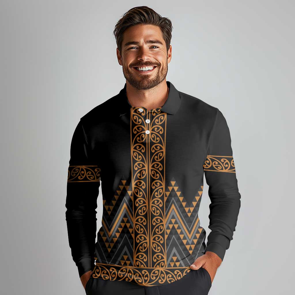 Gold Aotearoa Mangopare Kowhaiwhai and Niho Taniwha Long Sleeve Polo Shirt Maori New Zealand LT14 - Polynesian Pride