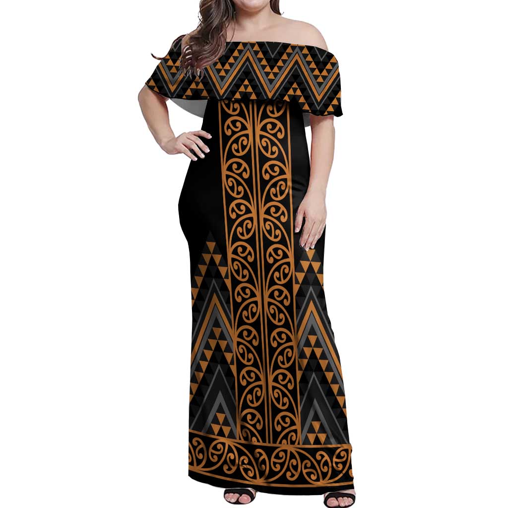 Gold Aotearoa Mangopare Kowhaiwhai and Niho Taniwha Off Shoulder Maxi Dress Maori New Zealand LT14 Women Gold - Polynesian Pride