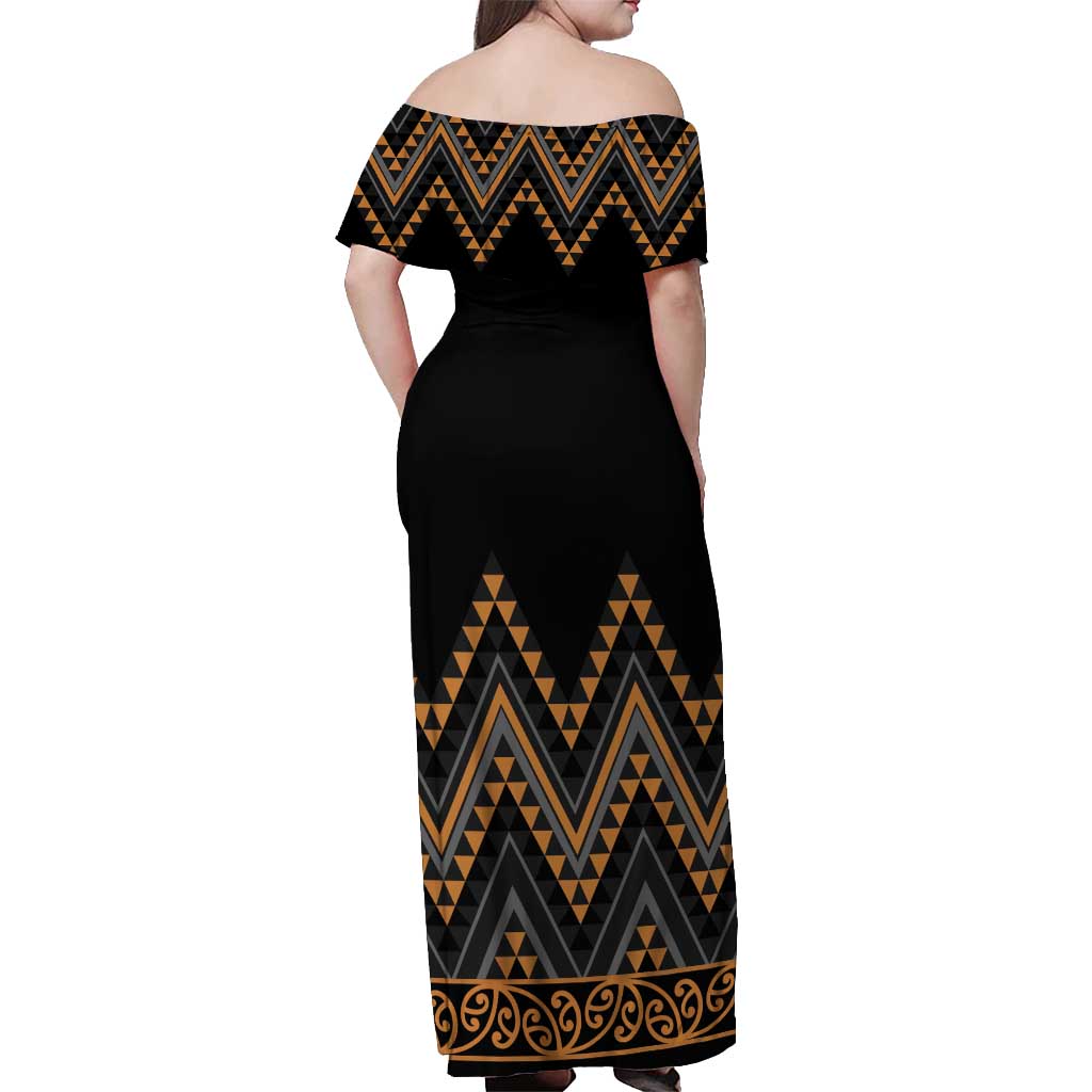 Gold Aotearoa Mangopare Kowhaiwhai and Niho Taniwha Off Shoulder Maxi Dress Maori New Zealand LT14 - Polynesian Pride