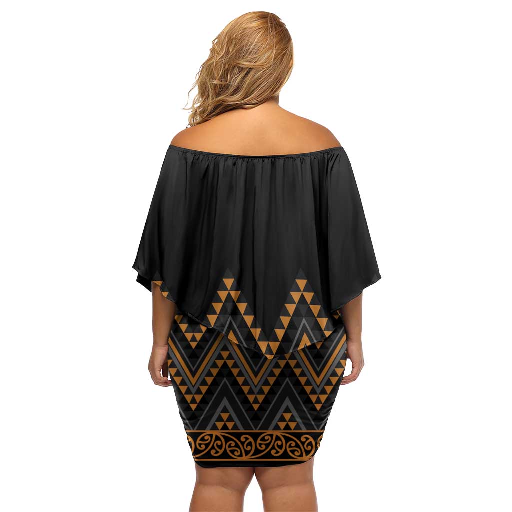 Gold Aotearoa Mangopare Kowhaiwhai and Niho Taniwha Off Shoulder Short Dress Maori New Zealand LT14 - Polynesian Pride