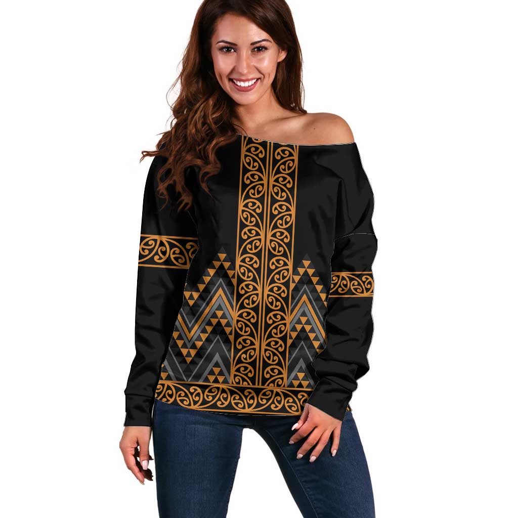 Gold Aotearoa Mangopare Kowhaiwhai and Niho Taniwha Off Shoulder Sweater Maori New Zealand LT14 Women Gold - Polynesian Pride