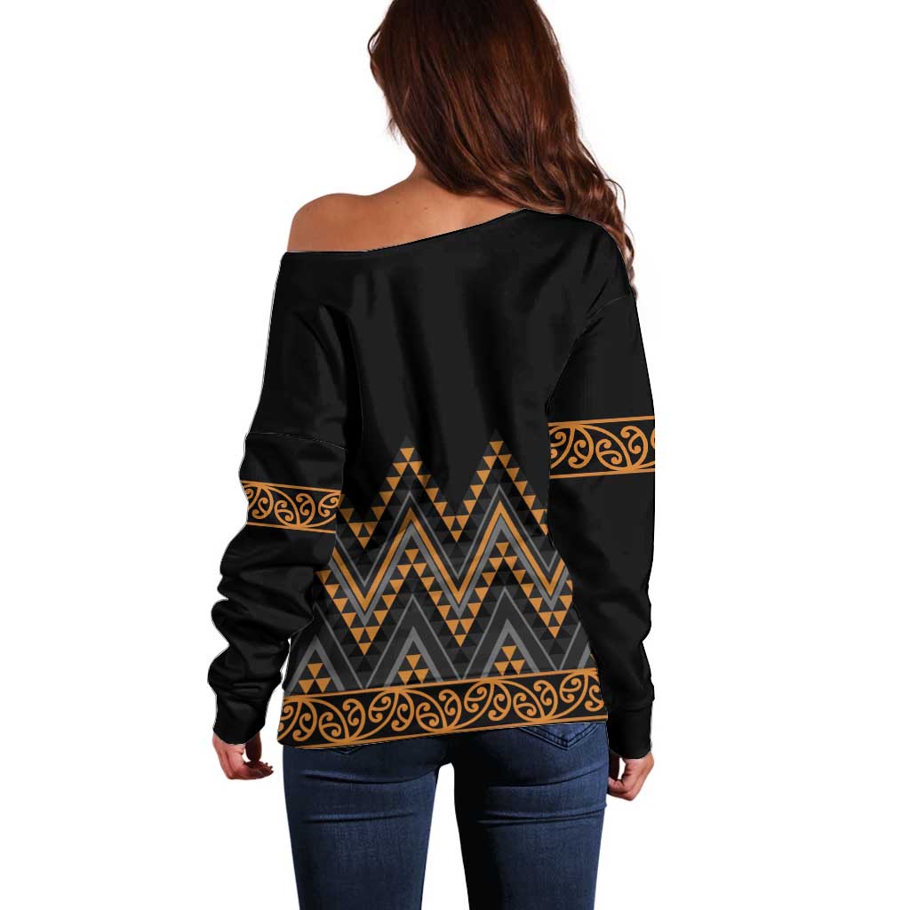 Gold Aotearoa Mangopare Kowhaiwhai and Niho Taniwha Off Shoulder Sweater Maori New Zealand LT14 - Polynesian Pride