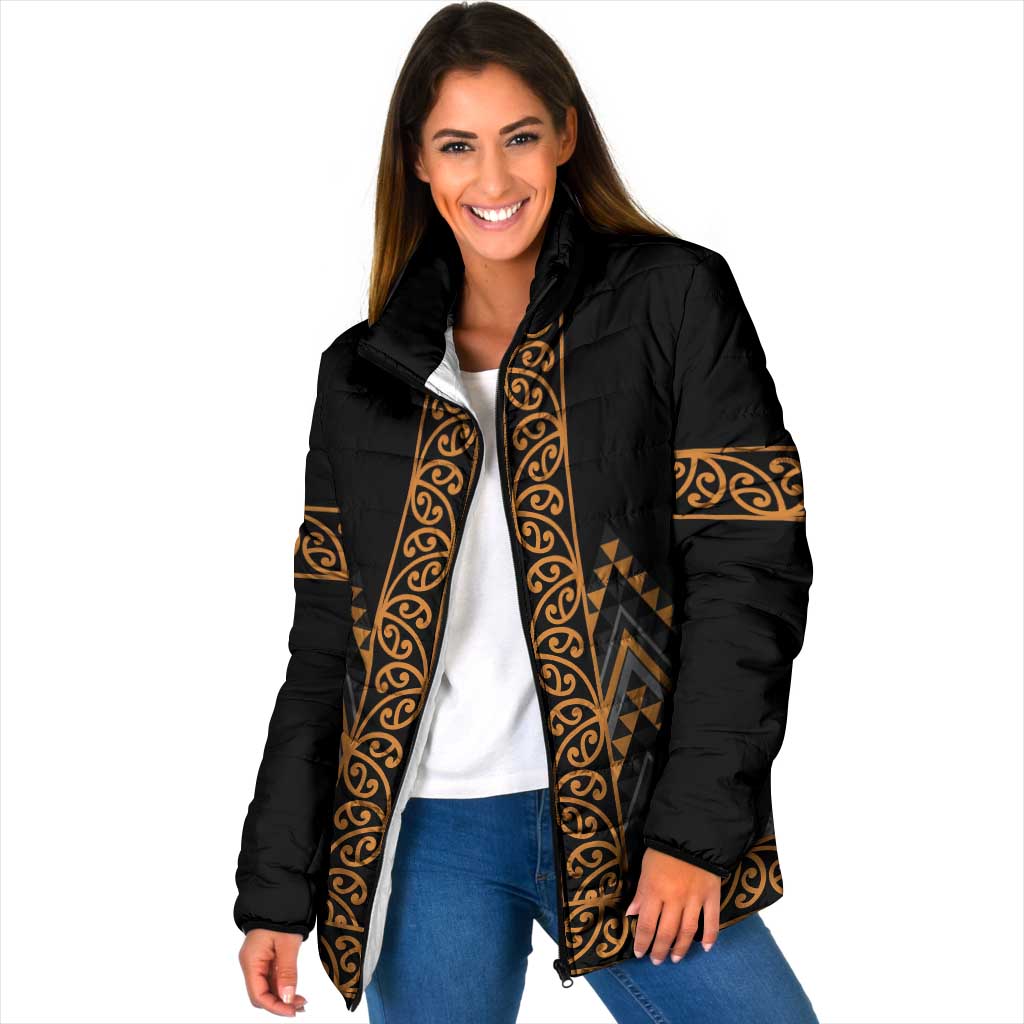 Gold Aotearoa Mangopare Kowhaiwhai Niho Taniwha Padded Jacket Maori New Zealand LT14 Women Gold - Polynesian Pride