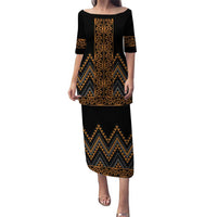 Gold Aotearoa Mangopare Kowhaiwhai and Niho Taniwha Puletasi Maori New Zealand LT14 Long Dress Gold - Polynesian Pride