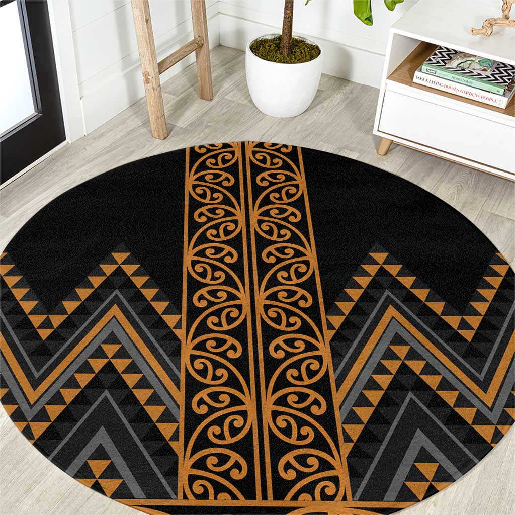 Gold Aotearoa Mangopare Kowhaiwhai and Niho Taniwha Round Carpet Maori New Zealand LT14 Gold - Polynesian Pride