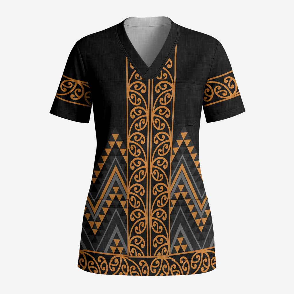 Gold Aotearoa Mangopare Kowhaiwhai and Niho Taniwha Scrub Top Maori New Zealand LT14 Adult Gold - Polynesian Pride