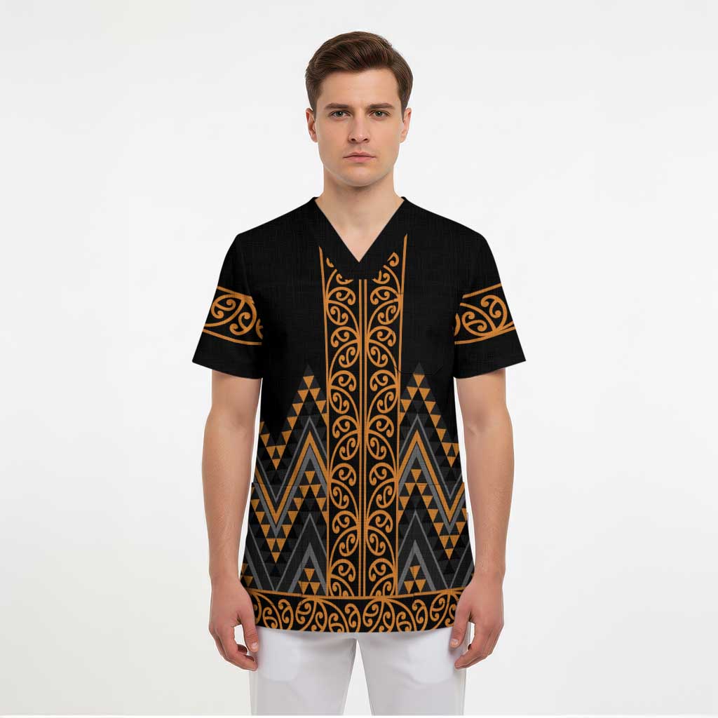 Gold Aotearoa Mangopare Kowhaiwhai and Niho Taniwha Scrub Top Maori New Zealand LT14 - Polynesian Pride