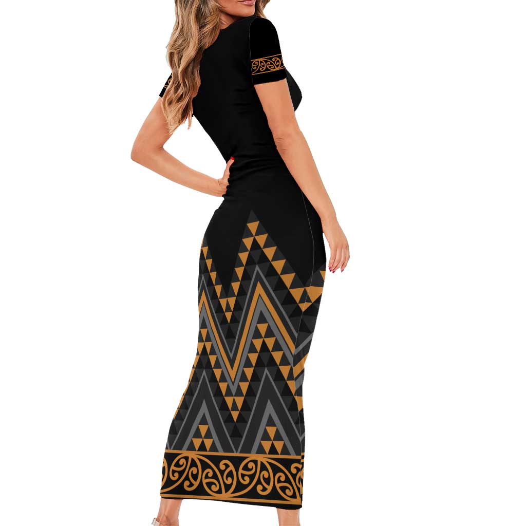 Gold Aotearoa Mangopare Kowhaiwhai and Niho Taniwha Short Sleeve Bodycon Dress Maori New Zealand LT14 - Polynesian Pride