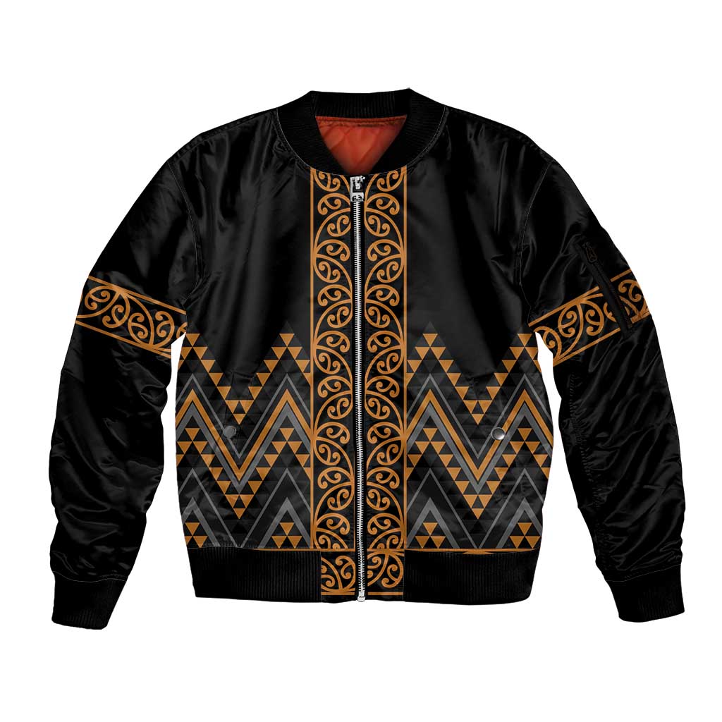Gold Aotearoa Mangopare Kowhaiwhai and Niho Taniwha Sleeve Zip Bomber Jacket Maori New Zealand LT14 Unisex Gold - Polynesian Pride