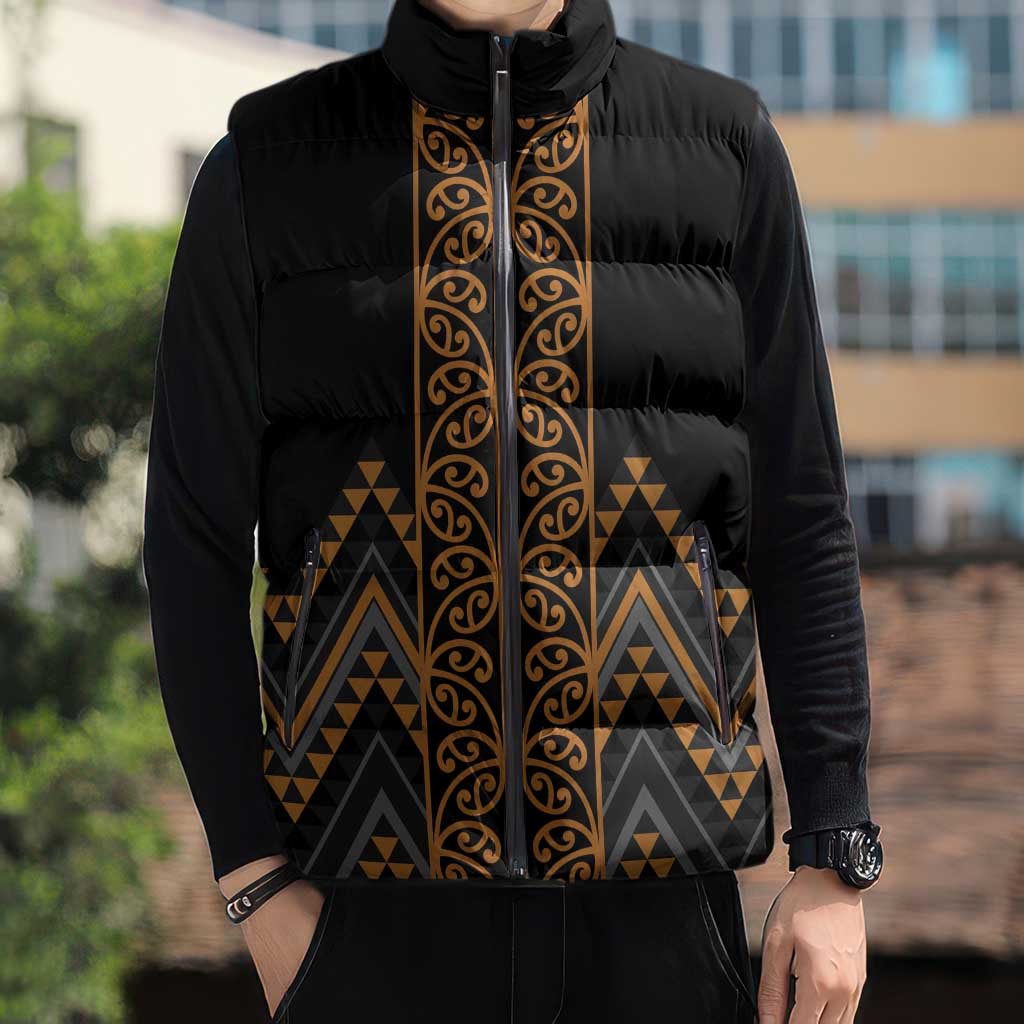 Gold Aotearoa Mangopare Kowhaiwhai Niho Taniwha Sleeveless Puffer Jacket Maori New Zealand LT14 - Polynesian Pride
