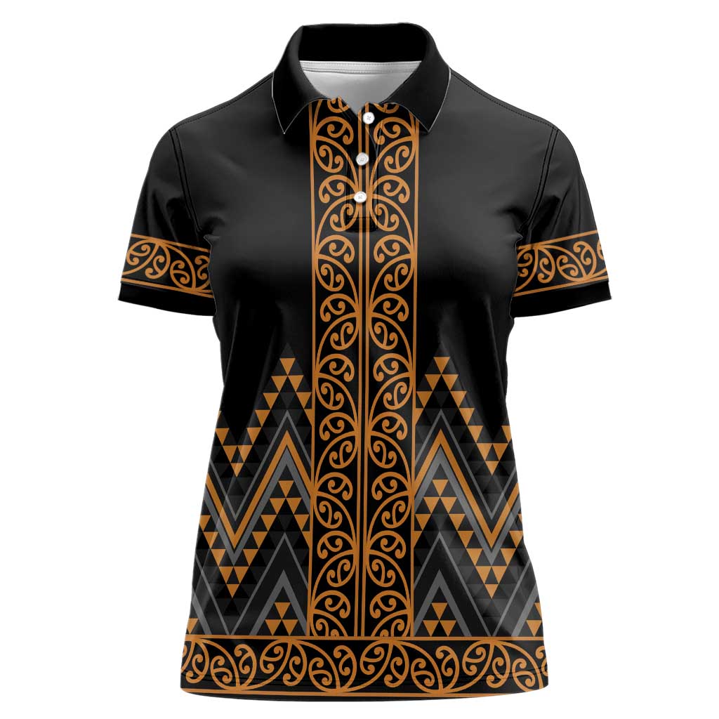 Gold Aotearoa Mangopare Kowhaiwhai and Niho Taniwha Women Polo Shirt Maori New Zealand LT14 Female Gold - Polynesian Pride