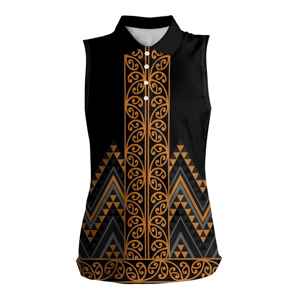 Gold Aotearoa Mangopare Kowhaiwhai and Niho Taniwha Women Sleeveless Polo Shirt Maori New Zealand LT14 Female Gold - Polynesian Pride