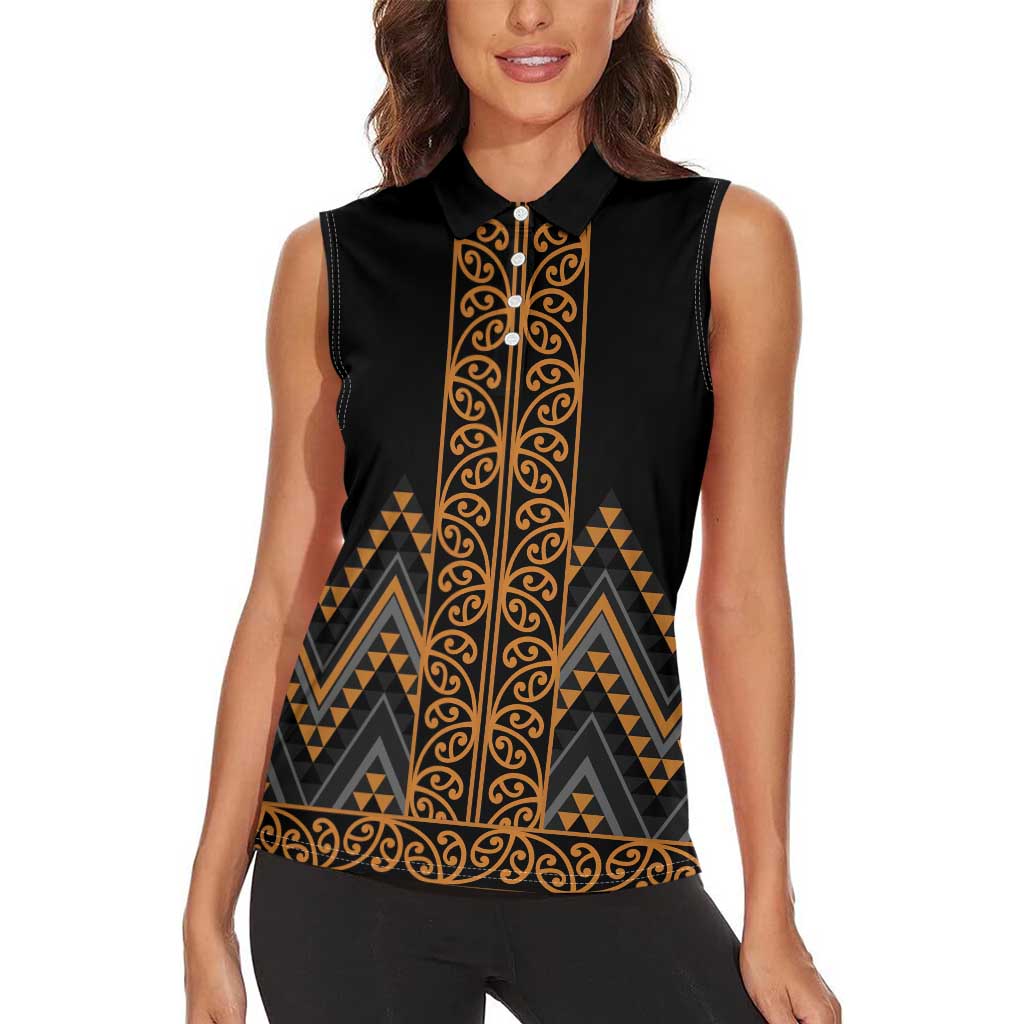 Gold Aotearoa Mangopare Kowhaiwhai and Niho Taniwha Women Sleeveless Polo Shirt Maori New Zealand LT14 - Polynesian Pride