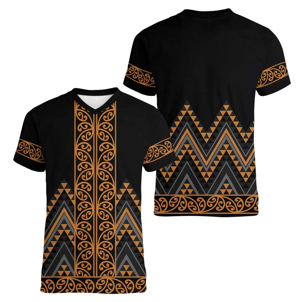 Gold Aotearoa Mangopare Kowhaiwhai and Niho Taniwha Women V-Neck T-Shirt Maori New Zealand LT14 - Polynesian Pride
