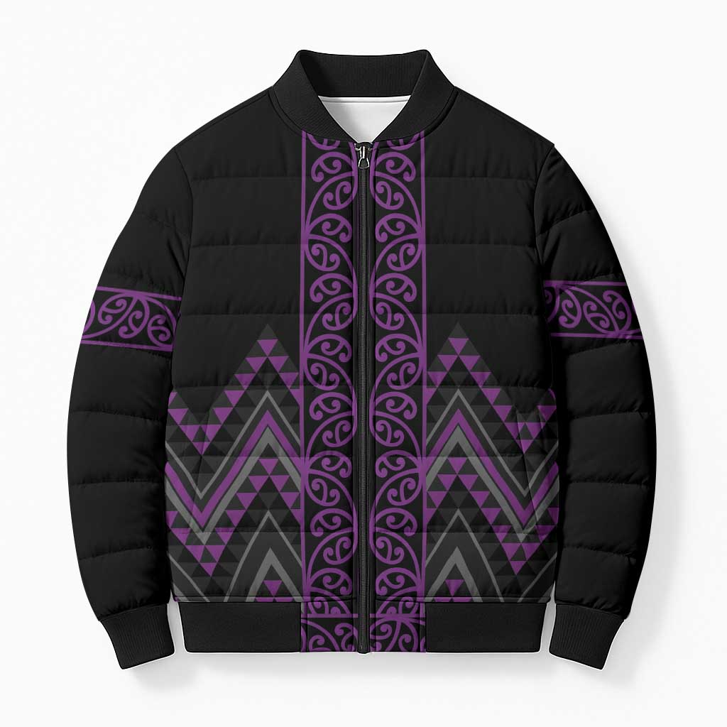Purple Aotearoa Mangopare Kowhaiwhai Niho Taniwha Bomber Puffer Jacket Maori New Zealand LT14 Unisex Purple - Polynesian Pride