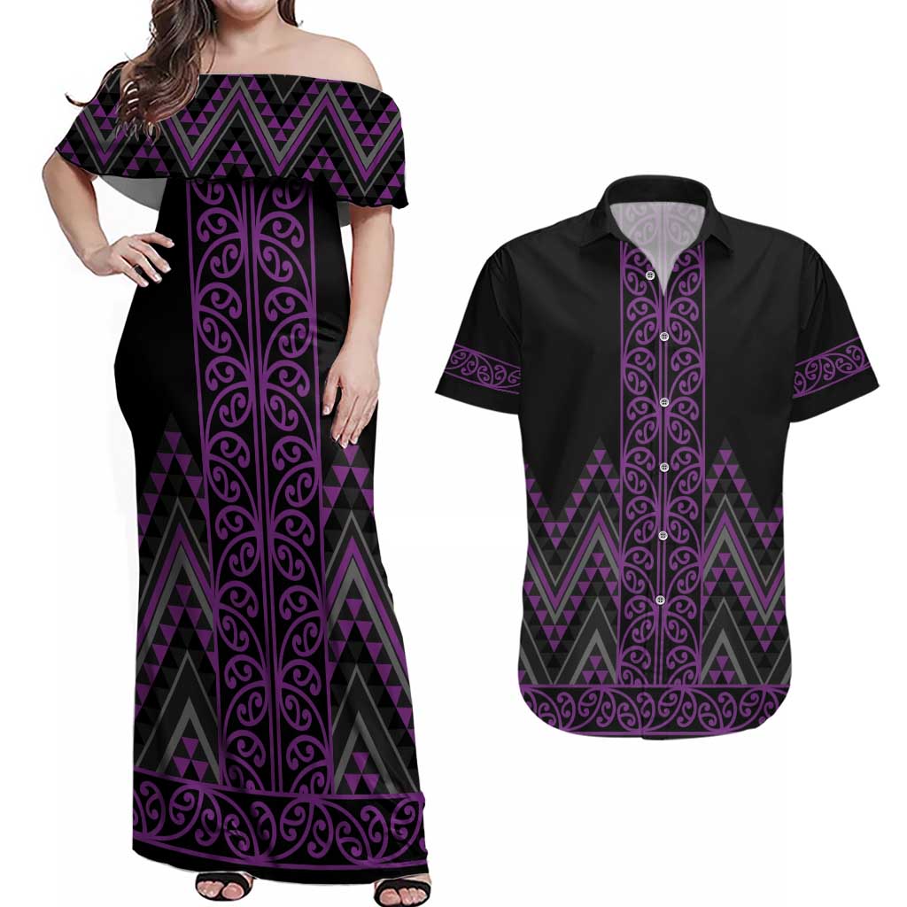 Purple Aotearoa Mangopare Kowhaiwhai and Niho Taniwha Couples Matching Off Shoulder Maxi Dress and Hawaiian Shirt Maori New Zealand LT14 Purple - Polynesian Pride