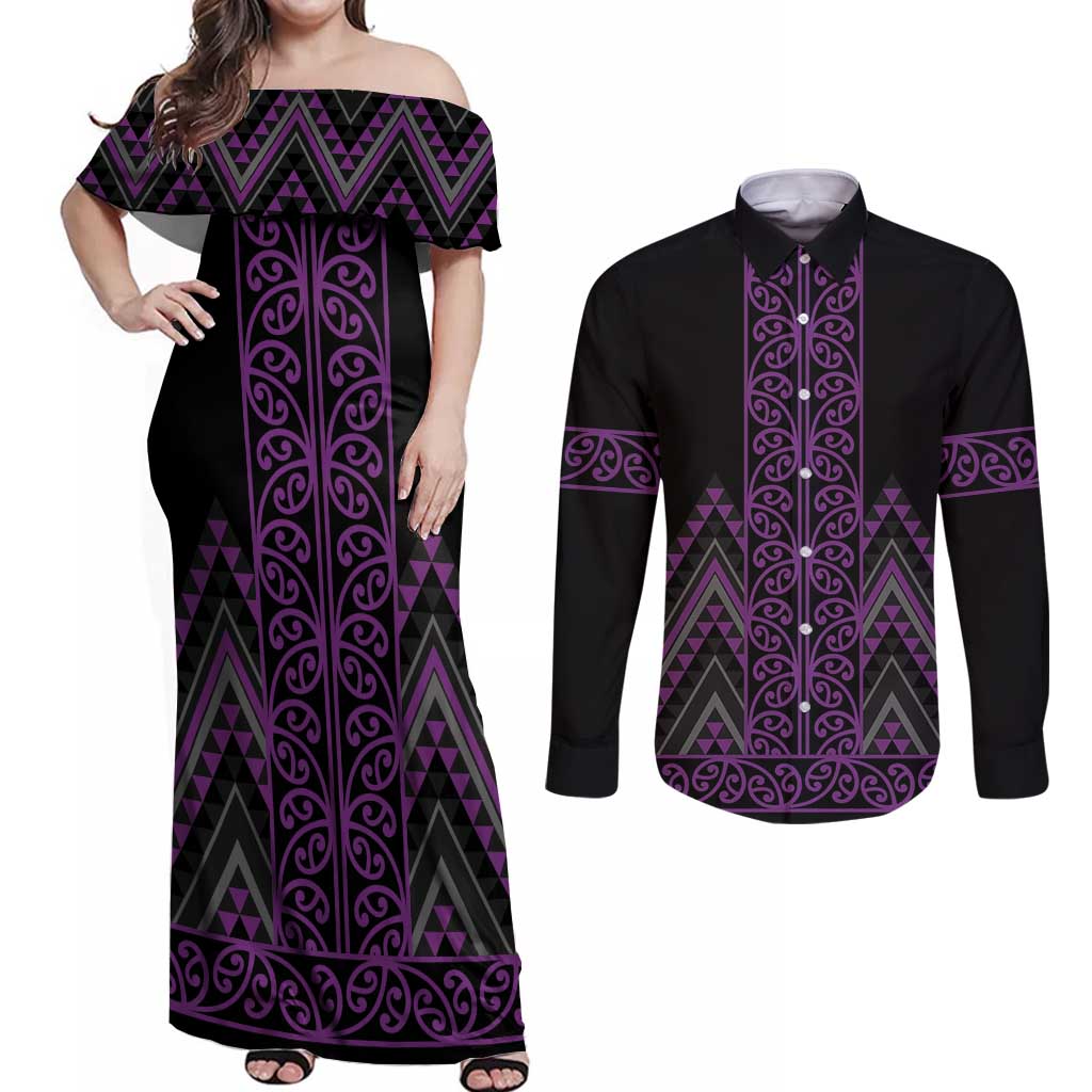 Purple Aotearoa Mangopare Kowhaiwhai and Niho Taniwha Couples Matching Off Shoulder Maxi Dress and Long Sleeve Button Shirt Maori New Zealand LT14 Purple - Polynesian Pride