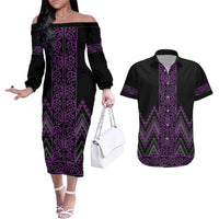 Purple Aotearoa Mangopare Kowhaiwhai and Niho Taniwha Couples Matching Off The Shoulder Long Sleeve Dress and Hawaiian Shirt Maori New Zealand LT14 Purple - Polynesian Pride