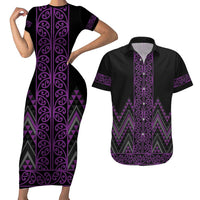 Purple Aotearoa Mangopare Kowhaiwhai and Niho Taniwha Couples Matching Short Sleeve Bodycon Dress and Hawaiian Shirt Maori New Zealand LT14 Purple - Polynesian Pride