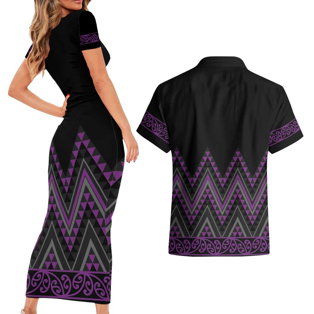 Purple Aotearoa Mangopare Kowhaiwhai and Niho Taniwha Couples Matching Short Sleeve Bodycon Dress and Hawaiian Shirt Maori New Zealand LT14 - Polynesian Pride