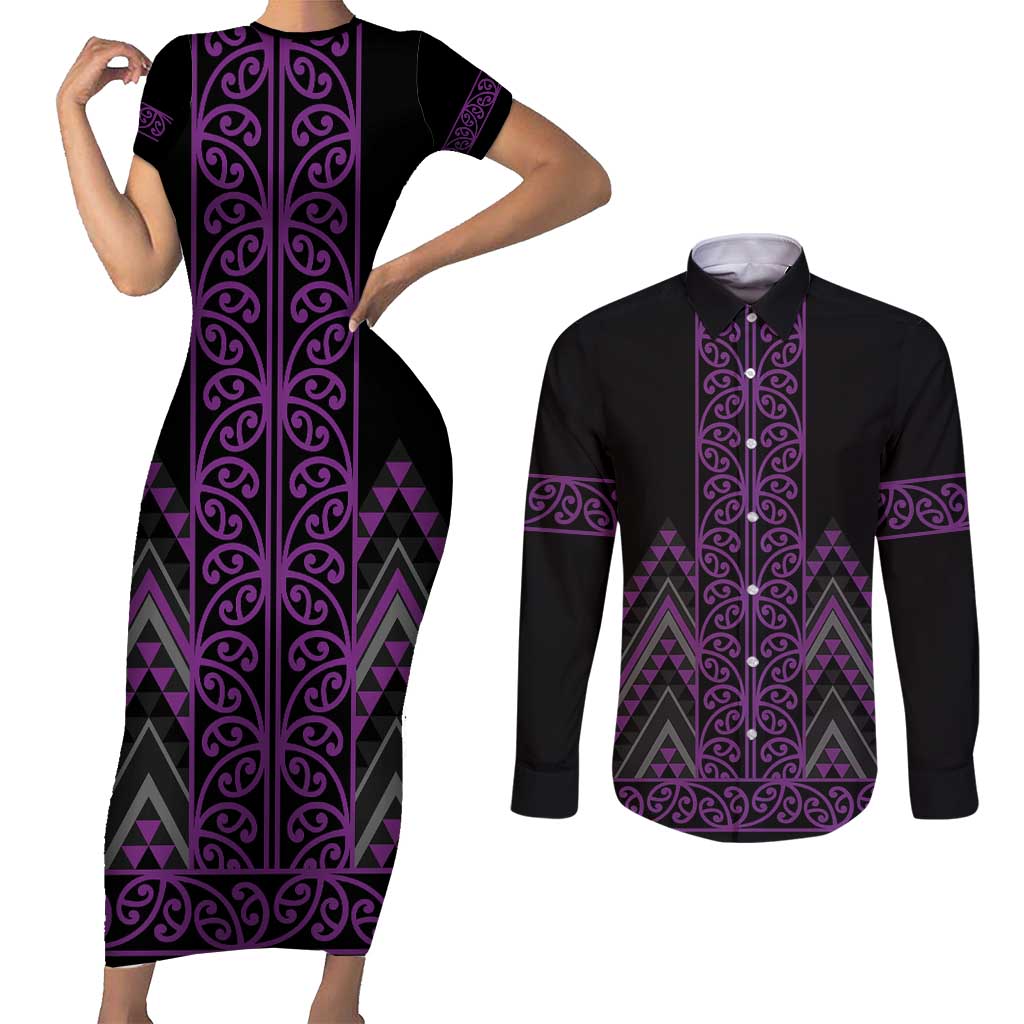 Purple Aotearoa Mangopare Kowhaiwhai and Niho Taniwha Couples Matching Short Sleeve Bodycon Dress and Long Sleeve Button Shirt Maori New Zealand LT14 Purple - Polynesian Pride