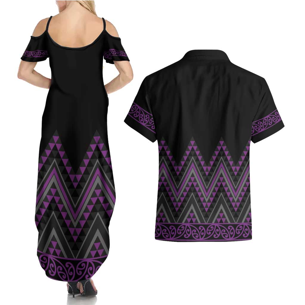 Purple Aotearoa Mangopare Kowhaiwhai and Niho Taniwha Couples Matching Summer Maxi Dress and Hawaiian Shirt Maori New Zealand LT14 - Polynesian Pride