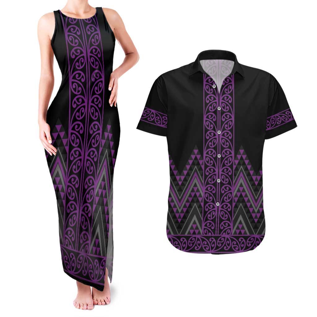 Purple Aotearoa Mangopare Kowhaiwhai and Niho Taniwha Couples Matching Tank Maxi Dress and Hawaiian Shirt Maori New Zealand LT14 Purple - Polynesian Pride