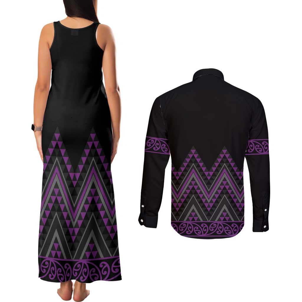 Purple Aotearoa Mangopare Kowhaiwhai and Niho Taniwha Couples Matching Tank Maxi Dress and Long Sleeve Button Shirt Maori New Zealand LT14 - Polynesian Pride