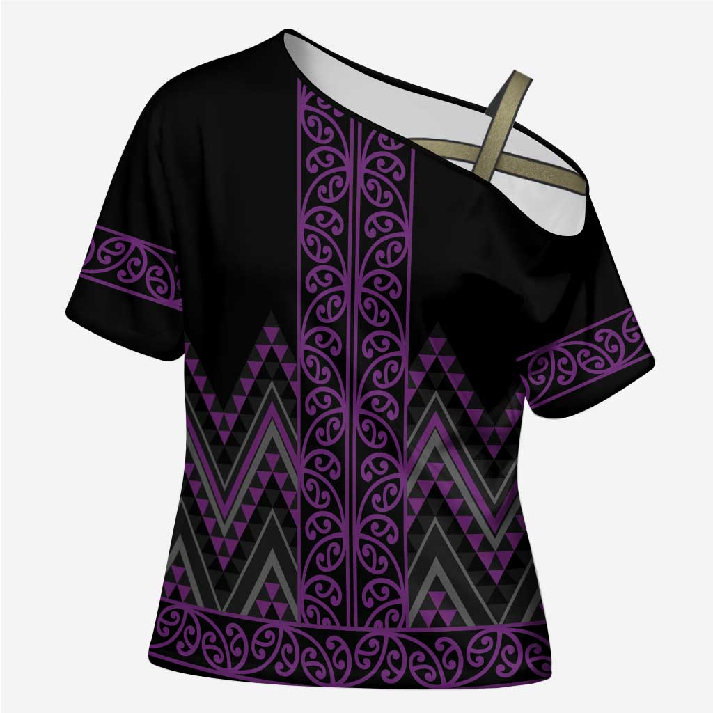 Purple Aotearoa Mangopare Kowhaiwhai Niho Taniwha Cross Shoulder Shirt Maori New Zealand LT14 Female Purple - Polynesian Pride