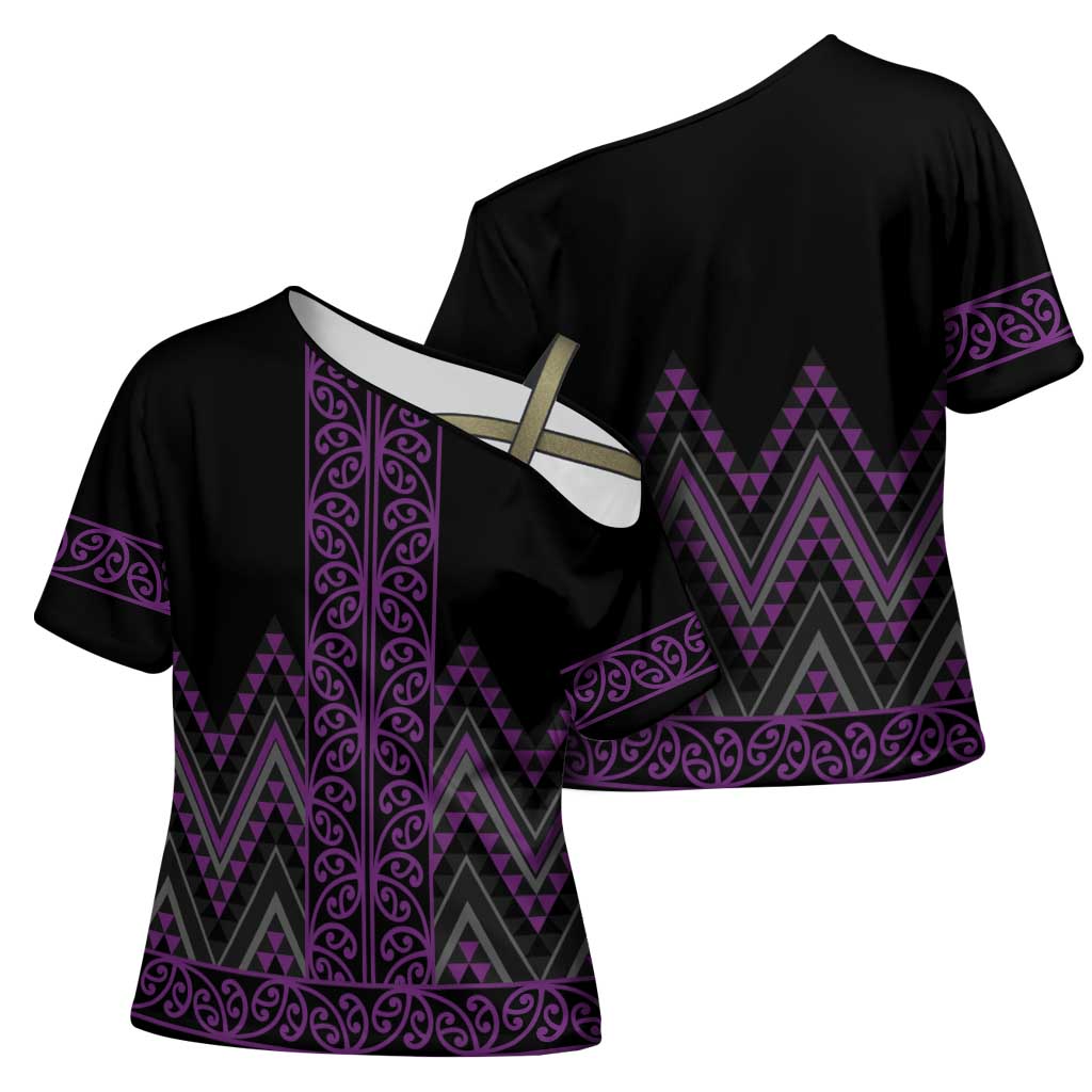 Purple Aotearoa Mangopare Kowhaiwhai Niho Taniwha Cross Shoulder Shirt Maori New Zealand LT14 - Polynesian Pride