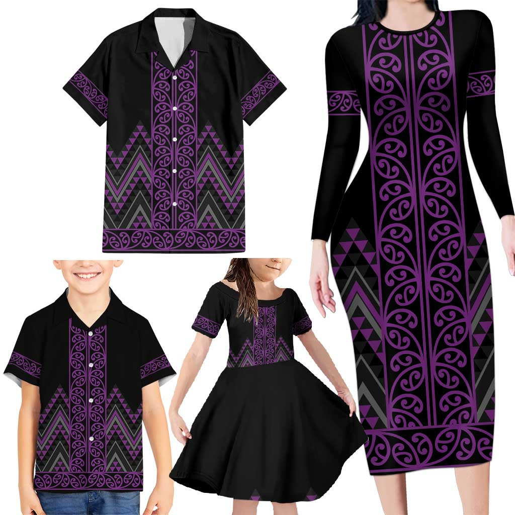 Purple Aotearoa Mangopare Kowhaiwhai and Niho Taniwha Family Matching Long Sleeve Bodycon Dress and Hawaiian Shirt Maori New Zealand LT14 - Polynesian Pride