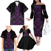Purple Aotearoa Mangopare Kowhaiwhai and Niho Taniwha Family Matching Off The Shoulder Long Sleeve Dress and Hawaiian Shirt Maori New Zealand LT14 - Polynesian Pride