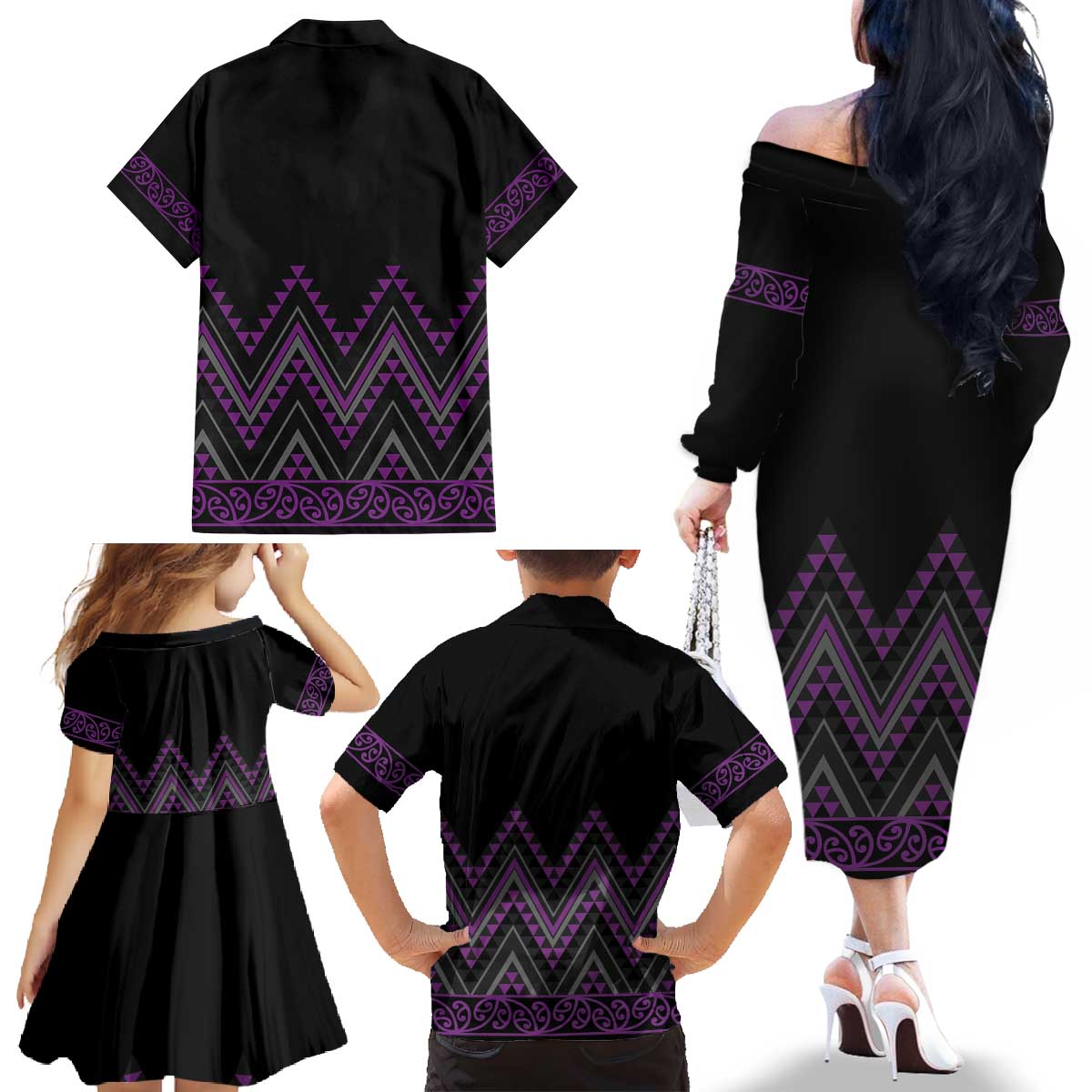 Purple Aotearoa Mangopare Kowhaiwhai and Niho Taniwha Family Matching Off The Shoulder Long Sleeve Dress and Hawaiian Shirt Maori New Zealand LT14 - Polynesian Pride