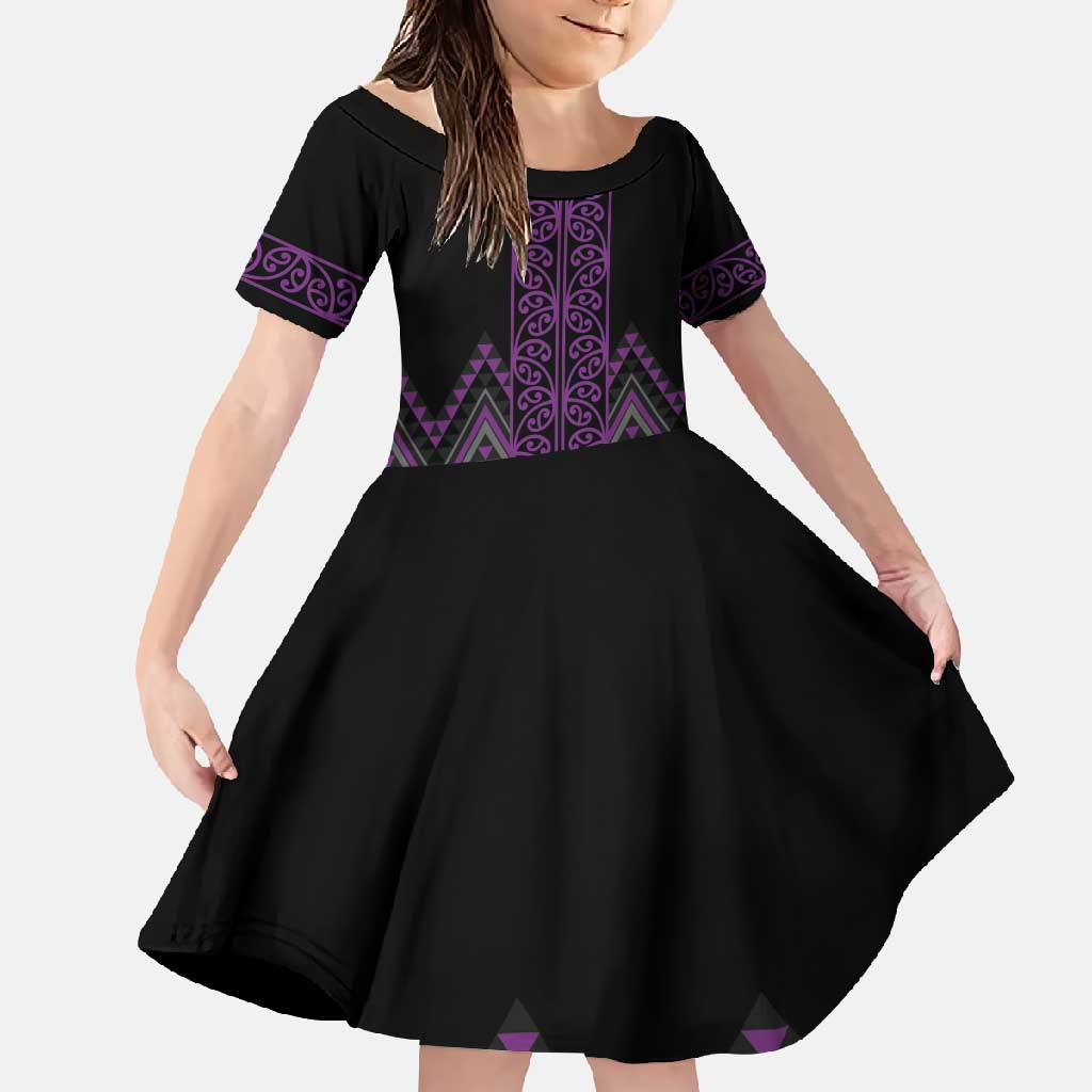 Purple Aotearoa Mangopare Kowhaiwhai and Niho Taniwha Family Matching Off Shoulder Maxi Dress and Hawaiian Shirt Maori New Zealand LT14 Daughter's Dress Purple - Polynesian Pride