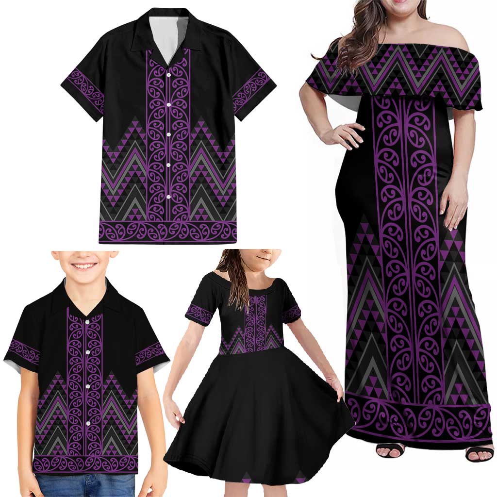 Purple Aotearoa Mangopare Kowhaiwhai and Niho Taniwha Family Matching Off Shoulder Maxi Dress and Hawaiian Shirt Maori New Zealand LT14 - Polynesian Pride