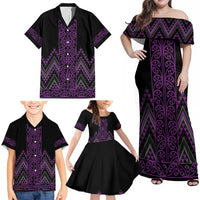 Purple Aotearoa Mangopare Kowhaiwhai and Niho Taniwha Family Matching Off Shoulder Maxi Dress and Hawaiian Shirt Maori New Zealand LT14 - Polynesian Pride
