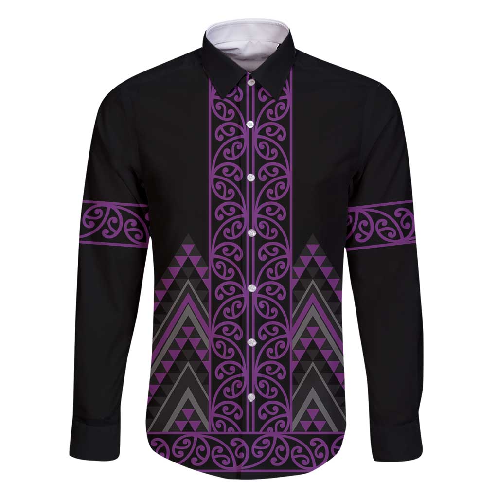 Purple Aotearoa Mangopare Kowhaiwhai and Niho Taniwha Family Matching Summer Maxi Dress and Hawaiian Shirt Maori New Zealand LT14 Dad's Shirt - Long Sleeve Purple - Polynesian Pride