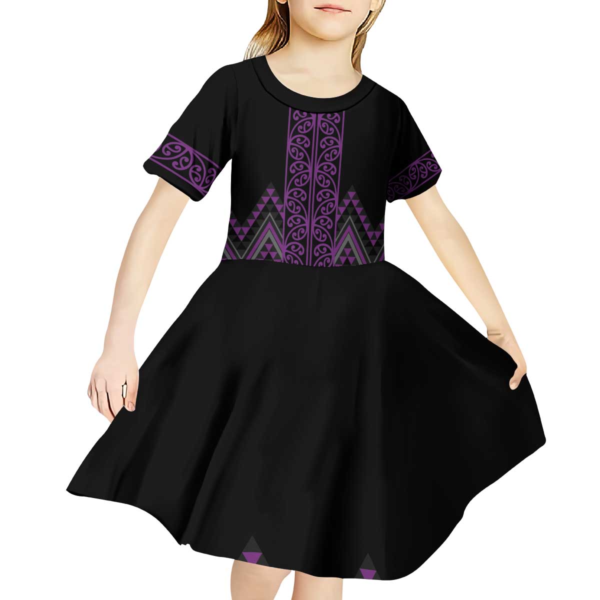 Purple Aotearoa Mangopare Kowhaiwhai and Niho Taniwha Kid Short Sleeve Dress Maori New Zealand LT14 - Polynesian Pride