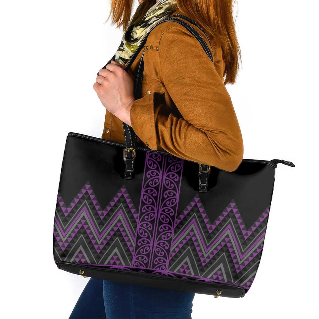 Purple Aotearoa Mangopare Kowhaiwhai and Niho Taniwha Leather Tote Bag Maori New Zealand LT14 Purple - Polynesian Pride