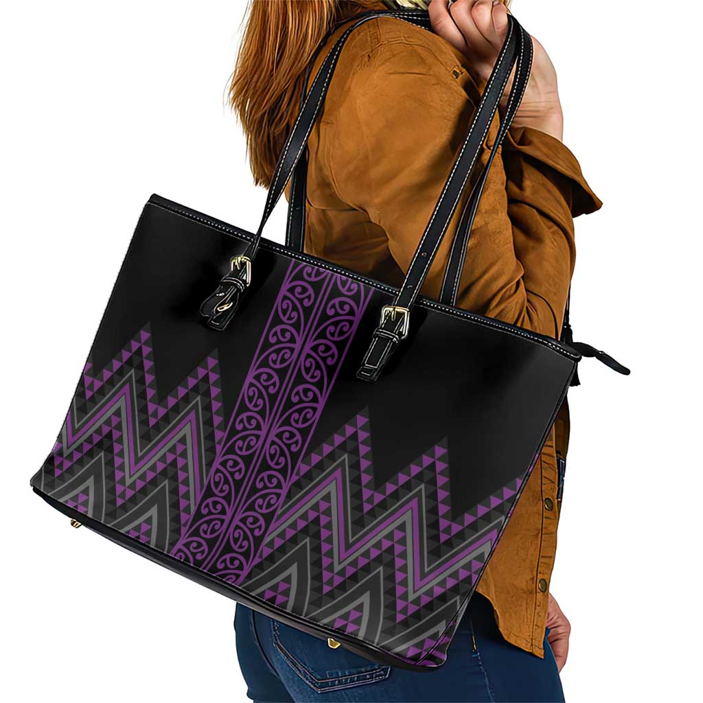 Purple Aotearoa Mangopare Kowhaiwhai and Niho Taniwha Leather Tote Bag Maori New Zealand LT14 - Polynesian Pride