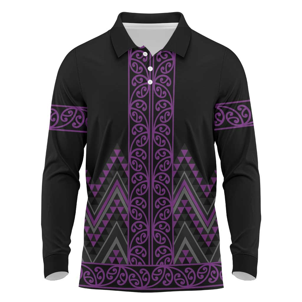 Purple Aotearoa Mangopare Kowhaiwhai and Niho Taniwha Long Sleeve Polo Shirt Maori New Zealand LT14 Purple - Polynesian Pride