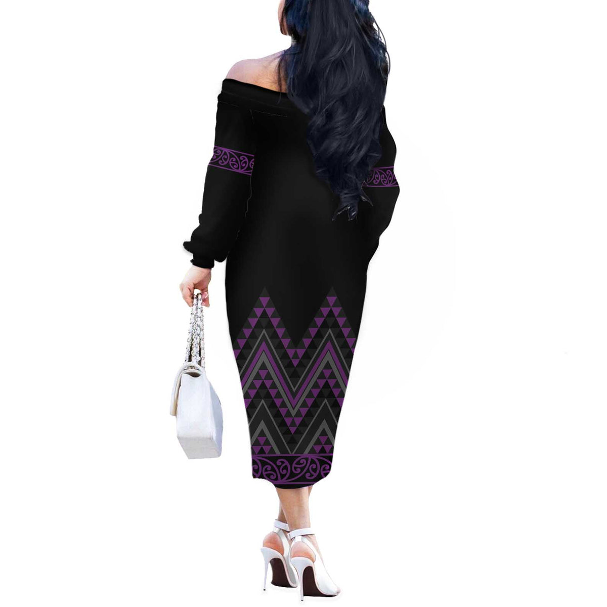 Purple Aotearoa Mangopare Kowhaiwhai and Niho Taniwha Off The Shoulder Long Sleeve Dress Maori New Zealand LT14 - Polynesian Pride