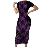 Purple Aotearoa Mangopare Kowhaiwhai and Niho Taniwha Short Sleeve Bodycon Dress Maori New Zealand LT14 Long Dress Purple - Polynesian Pride