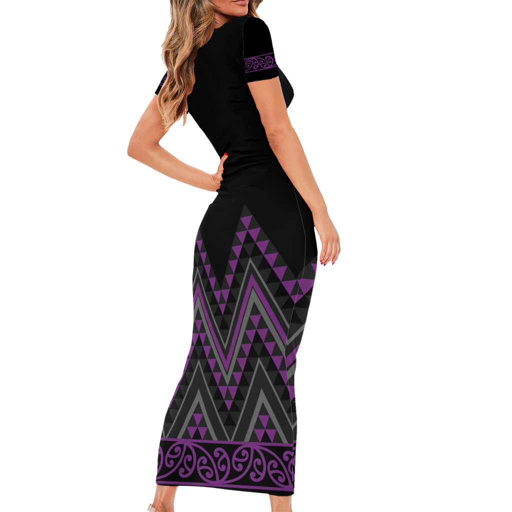 Purple Aotearoa Mangopare Kowhaiwhai and Niho Taniwha Short Sleeve Bodycon Dress Maori New Zealand LT14 - Polynesian Pride