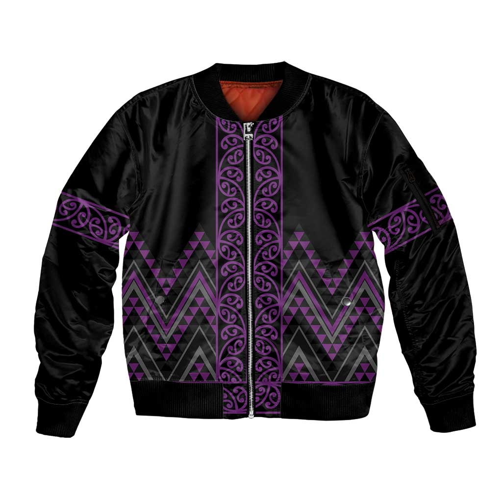 Purple Aotearoa Mangopare Kowhaiwhai and Niho Taniwha Sleeve Zip Bomber Jacket Maori New Zealand LT14 Unisex Purple - Polynesian Pride