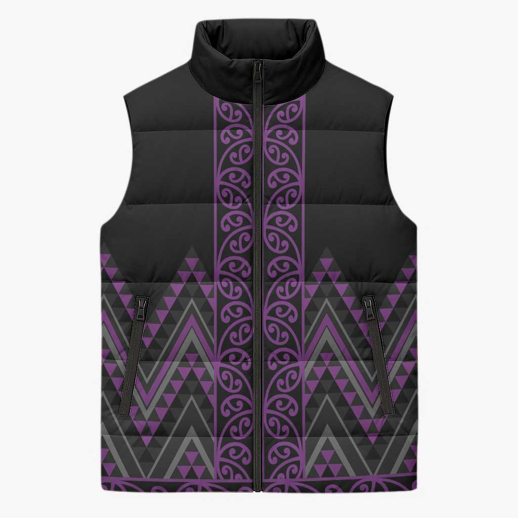 Purple Aotearoa Mangopare Kowhaiwhai Niho Taniwha Sleeveless Puffer Jacket Maori New Zealand LT14 Unisex Purple - Polynesian Pride