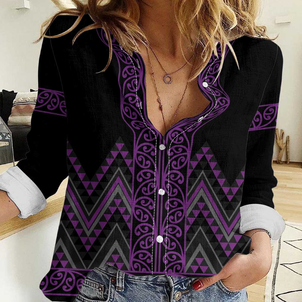 Purple Aotearoa Mangopare Kowhaiwhai and Niho Taniwha Women Casual Shirt Maori New Zealand
